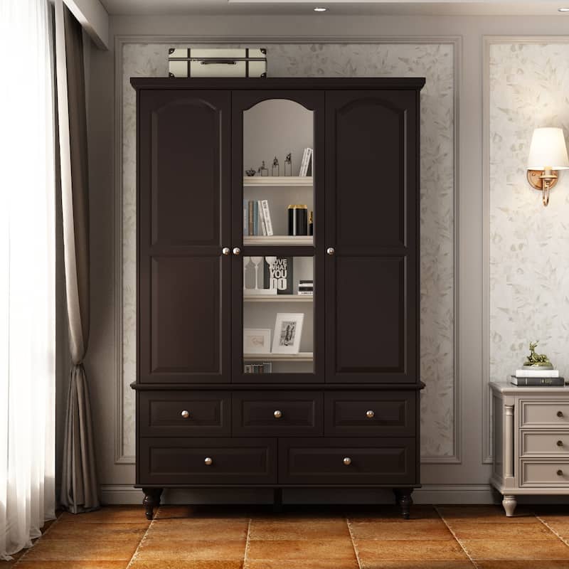 70.9"H Lacquered Wardrobe Armoires Wooden Closet with Mirror Door - DarkBrown