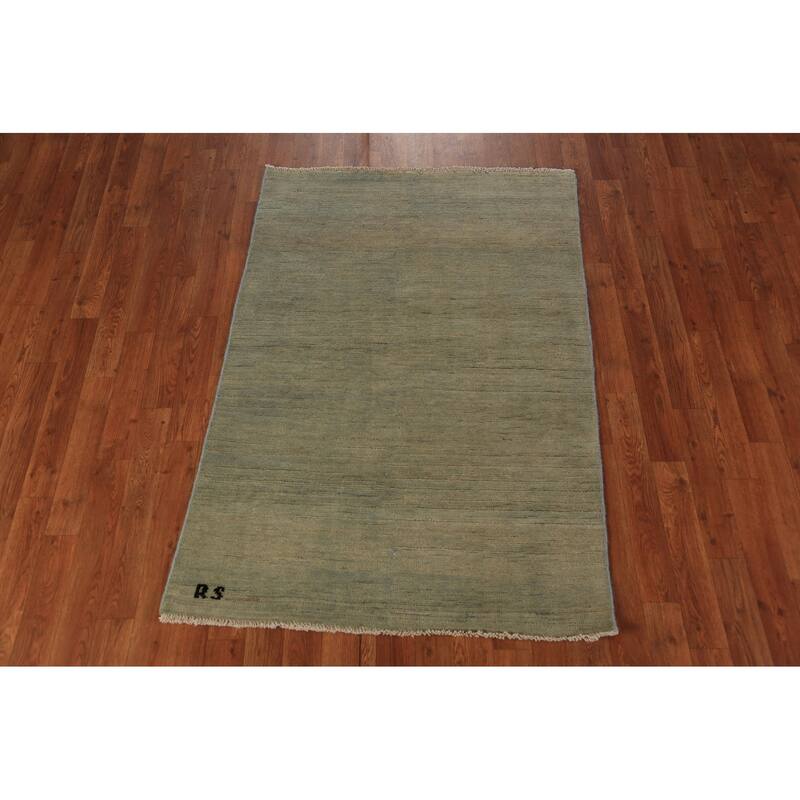 Solid Gabbeh Oriental Rug Handmade Solid Green Wool Carpet - 3'4" x 4'10"