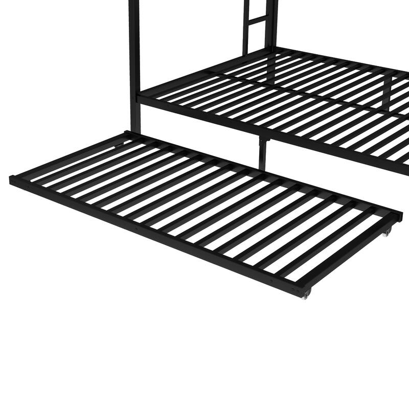 Queen over Queen Metal Bunk Bed with Twin Trundle, Black