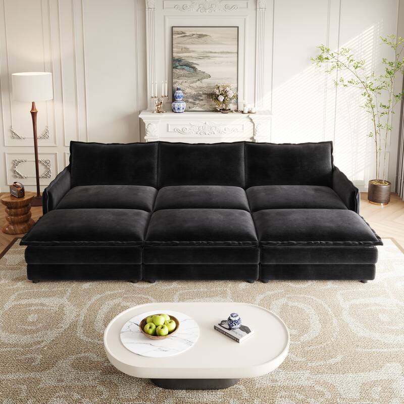 109" Corduroy 3-Seater Cloud Sectional Sofa with 3 Ottomans