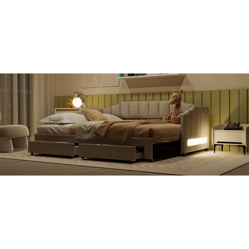 Roomfitters Twin XL Upholstered Daybed with LED Lights and 2 Storage Drawers, Extendable Pull-Out Sofa Bed Frame