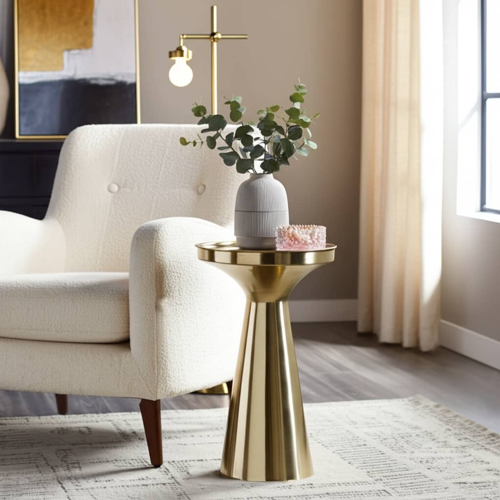 Metal Side Table Round Tray Top Tapered Base Narrow Accent - 20" Gold - 12" x 12" x 20"