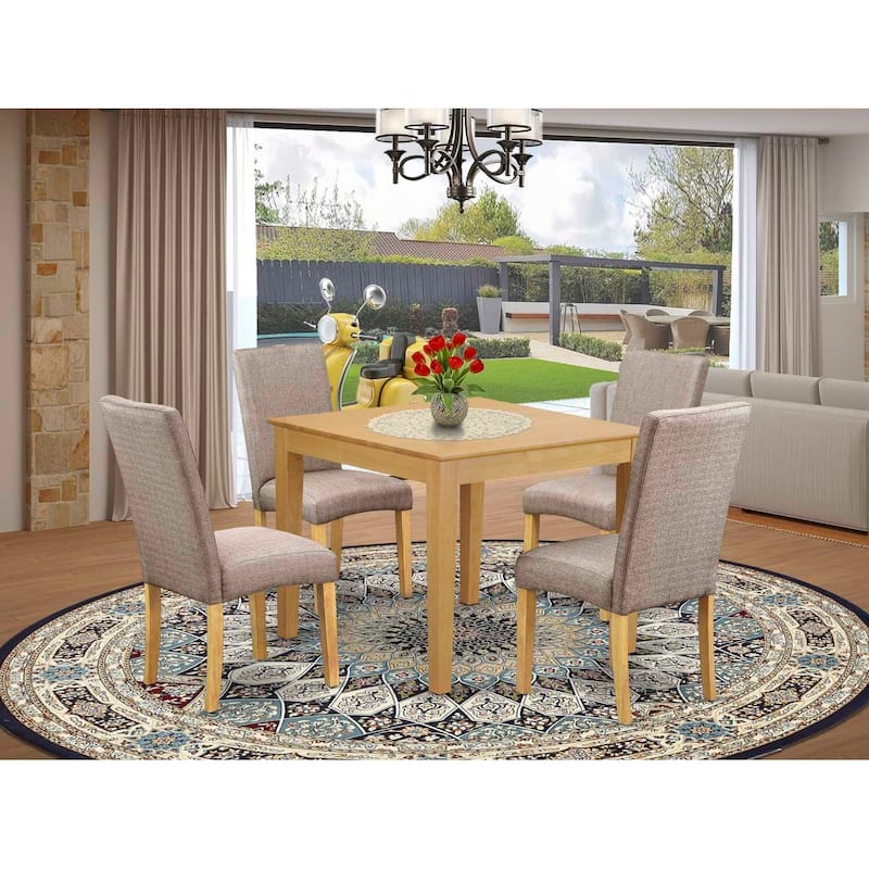 Country Cottage Dining Set - 5Pc Square Table & 4 Chairs - Linen Fabric - Oak Finish