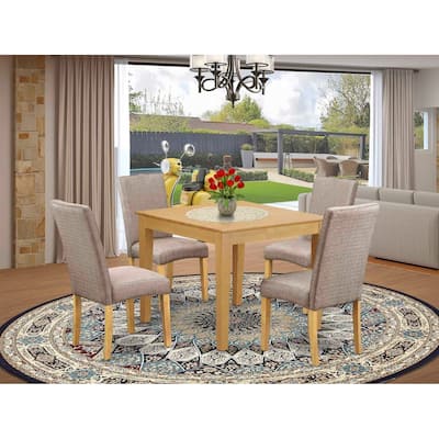 Country Cottage Dining Set - 5Pc Square Table & 4 Chairs - Linen Fabric - Oak Finish