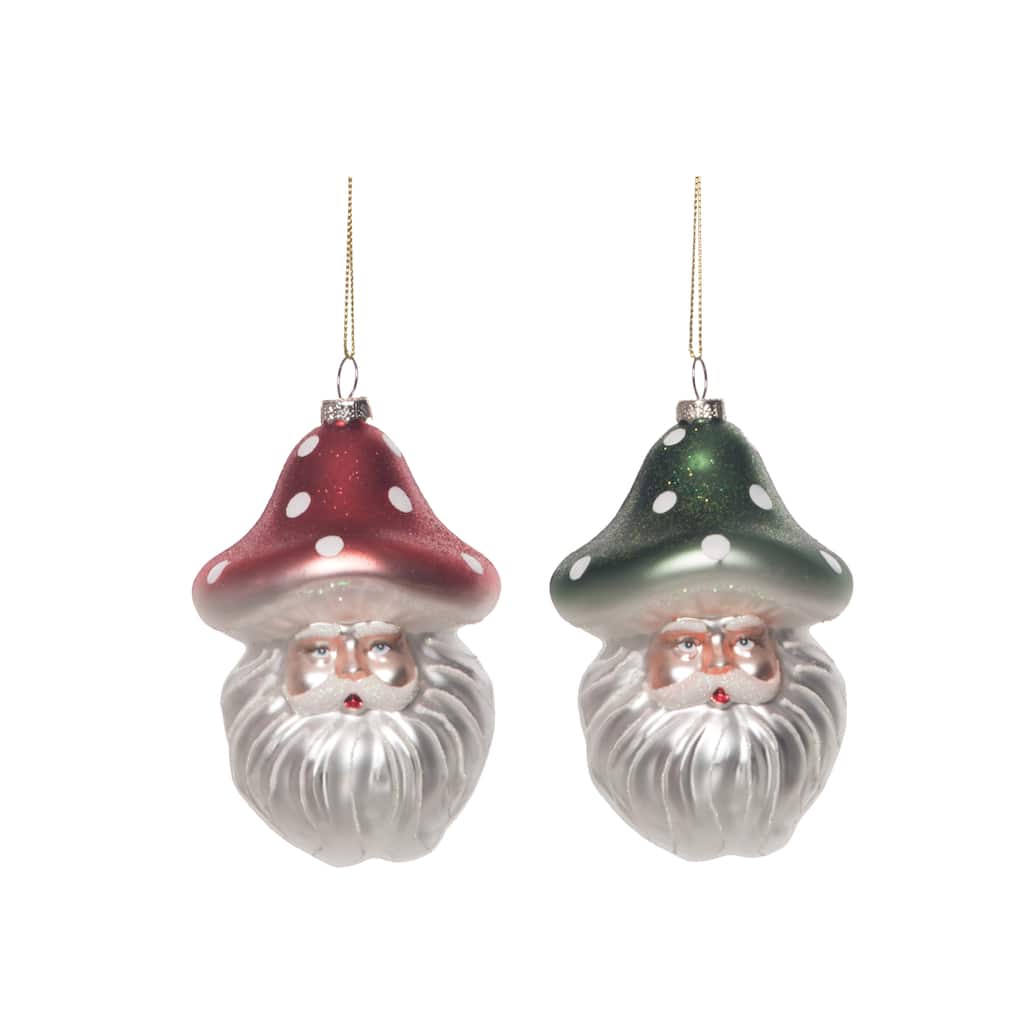 Transpac Glass Mushroom Hat Santa Ornament Set of 2 Christmas Home Decorations
