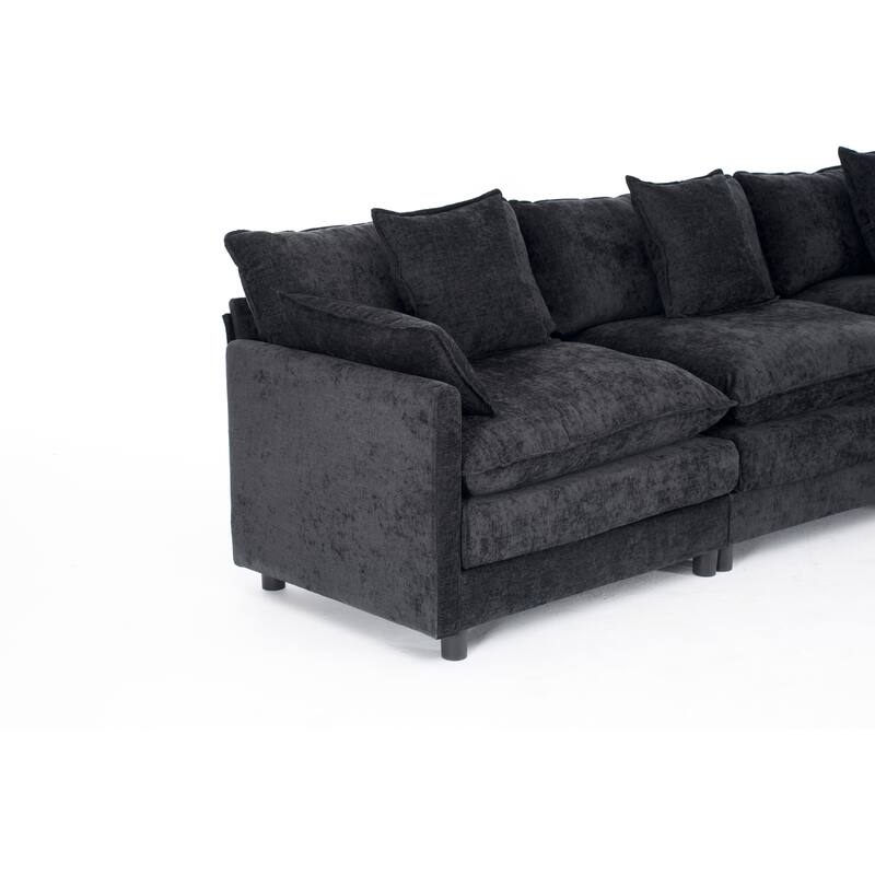 L Shaped Modular Sectional Sofa with Movable Ottoman, Chenille Upholstered Cloud Couch, Deep Seat Sofa with Pillow