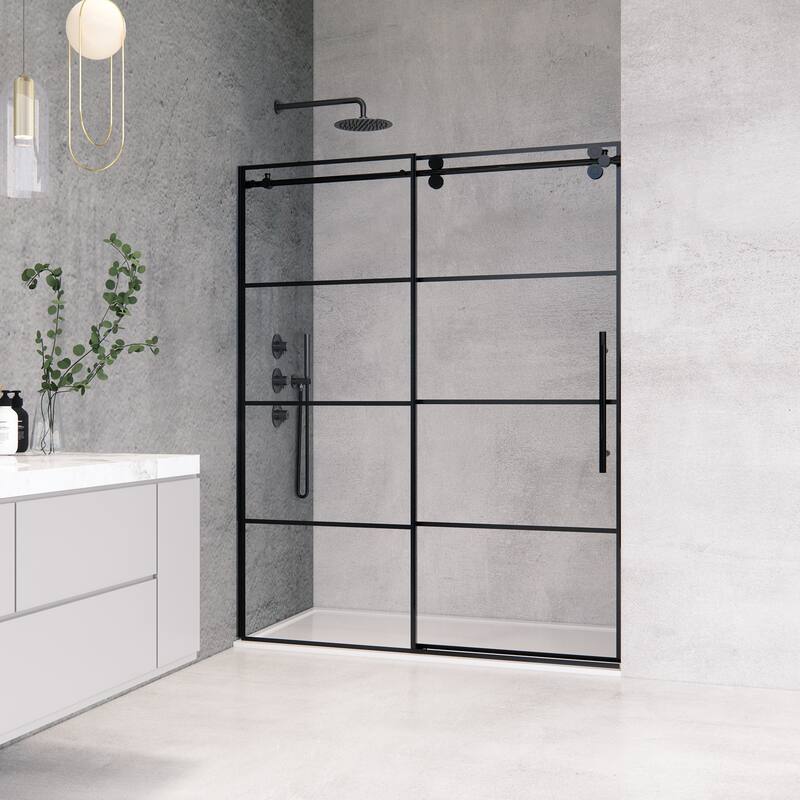 Altair Sankiz Single Sliding Frameless Shower Door in Matte Black Finish Grid with Clear Glass - 60"W x 76"H