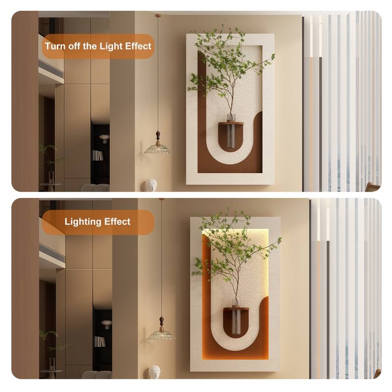 Adjustable 3-Color LED Sandstone Wall Decor with Simulated Green Plants, Glass Vase & Rabbit Statue, Remote Control Light Strips