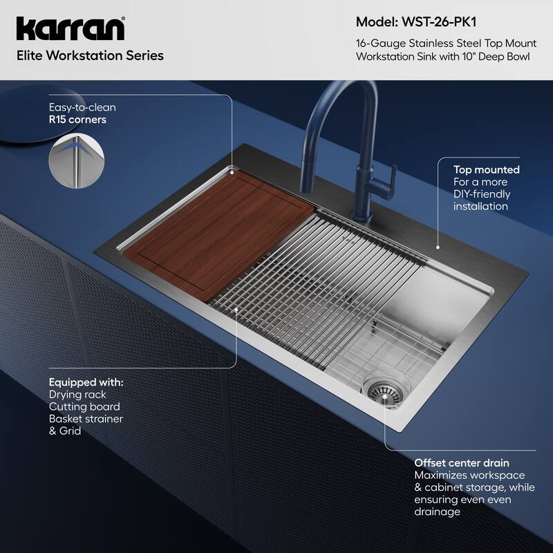 Karran Elite WST-26-PK1 Top Mount 33" Single Bowl Stainless Steel Workstation Kitchen Sink with Right Drain