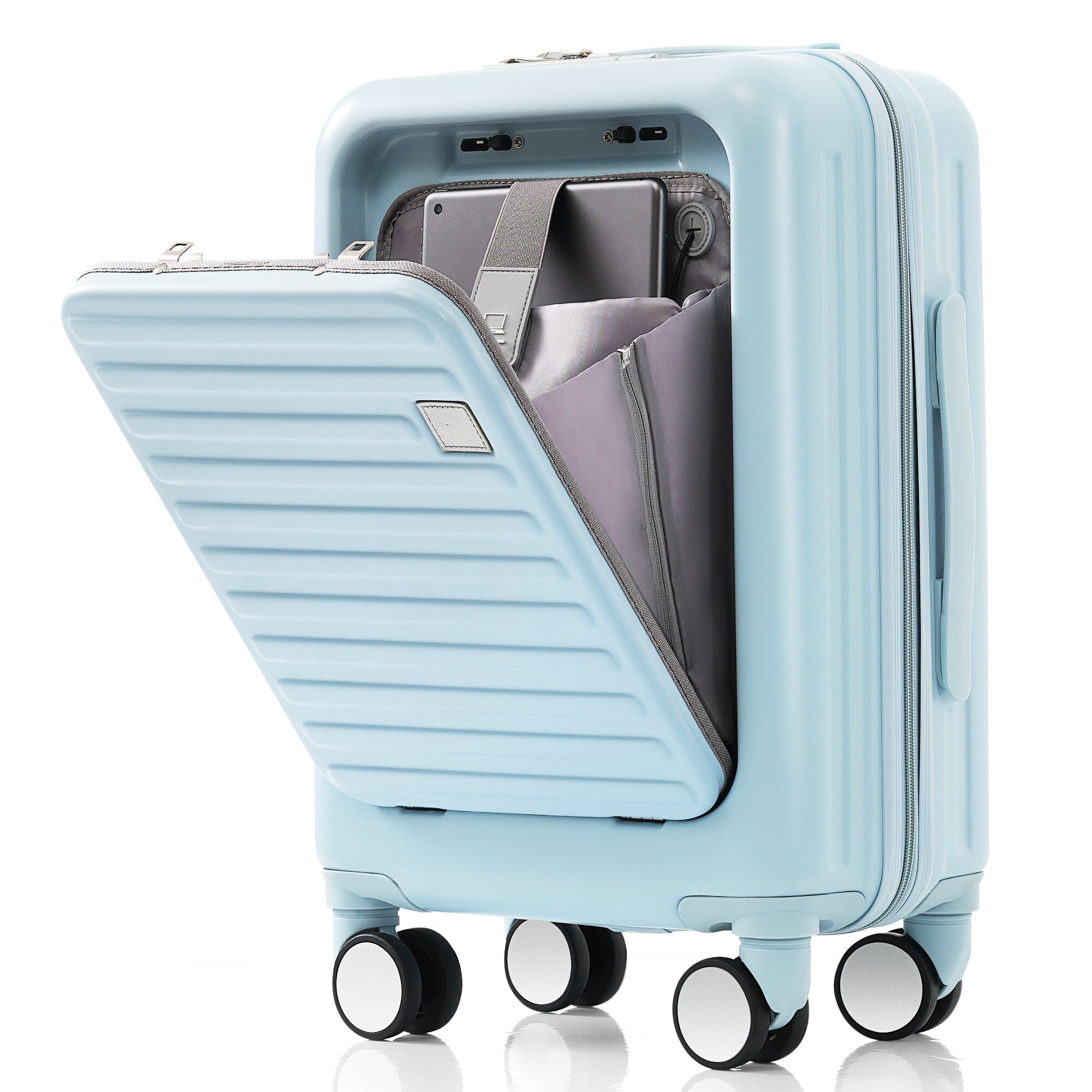 Light Blue Front Opening 20-Inch Luggage and Travel Bag Set - Bed