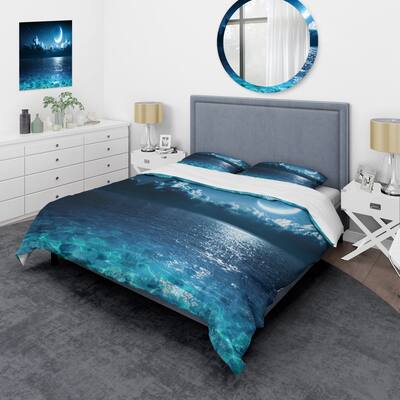 Designart 'Romantic Moon Over Deep Blue Sea I' Nautical & Coastal Duvet Cover Set