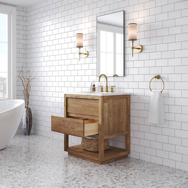 Oakman Mango Wood Carrara White Marble Countertop Bath Vanity with Faucet