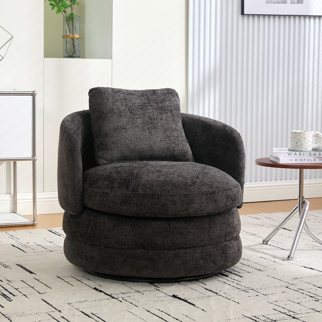 Modern Round 360° Swivel Barrel Accent Chair with Pillow, Upholstered Comfy Barrel Armchair Single Club Sofa Chair