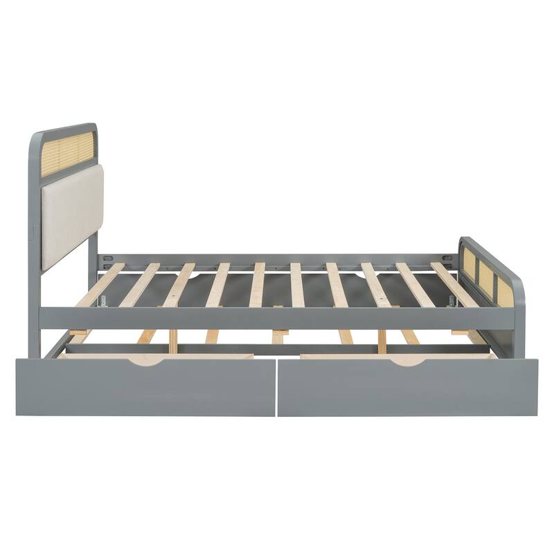 Rattan Platform Bed Queen Wooden Bed Frame with Twin Trundle and 2 Drawers, Headboard with Padded Cushion Mattress Not Included