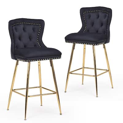 Bar Stools Set of 2, Velvet Counter Height Bar Stools with Metal Legs, Button Tufted and Nailheads Trim