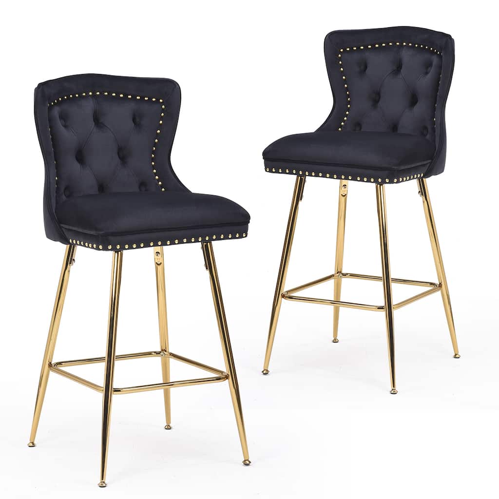 Set of 2 Black Velvet Wingback Bar Stools, Button Tufted with Nailhead Trim & Metal Legs - Counter Height