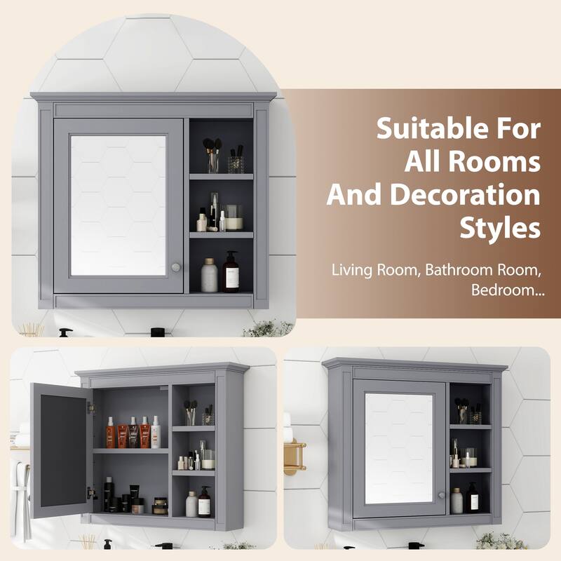 GDFStudio - Trellen Modern Wall-Mounted Bathroom Storage Cabinet with Mirror and 3 Open Shelves (No Bathroom Vanity) - 29.92"W