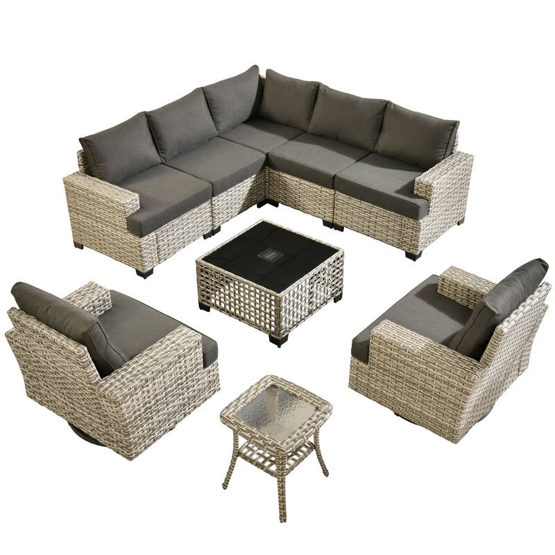 HOOOWOOO 9-piece Patio Wicker Sofa Swivel Chair Sectional Set