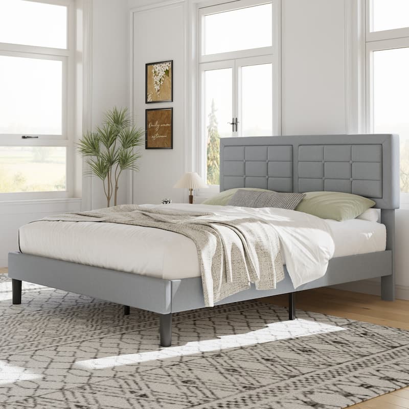 VECELO Bed Frame with Adjustable Headboard Upholstered Button Tufted Platform Bedframe with Wood Slats Support