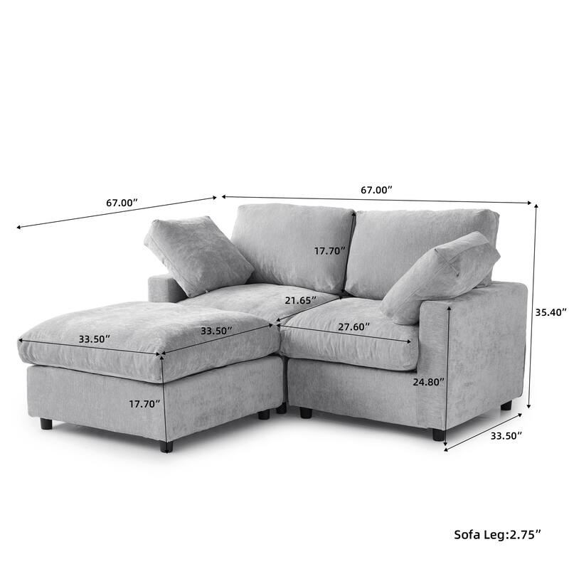 Modern Loveseat Couch with Ottoman Chenille Modular Sectional Sofa Removable Cover, Spring Cushions, Solid Wood Frame