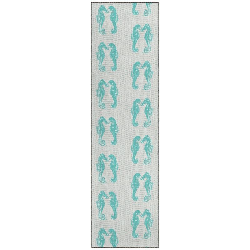 Indoor/ Outdoor Surfside Seahorses Washable Rug New - Aqua - 2'3" x 7'6"