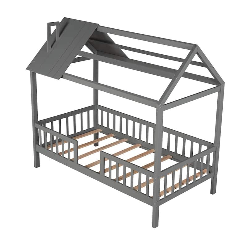 Merax Twin/Full Size Wood House Bed with Fence