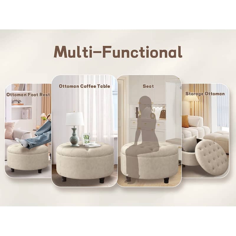 Tufted Round Storage Ottoman, Faux Leather