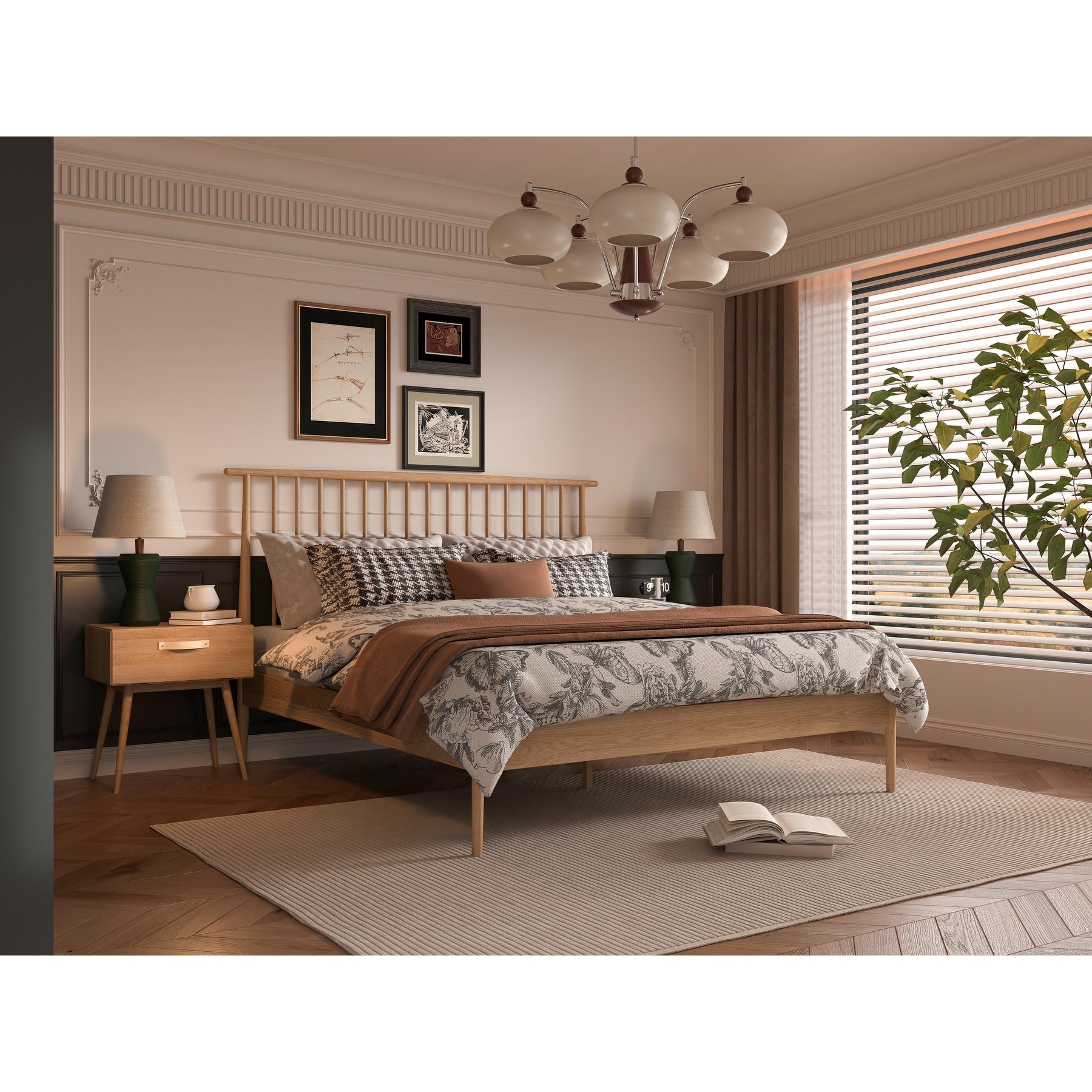 Isabella Mid Century Bedroom Set - Solid American White Oak (Bed + 2 Nightstands)