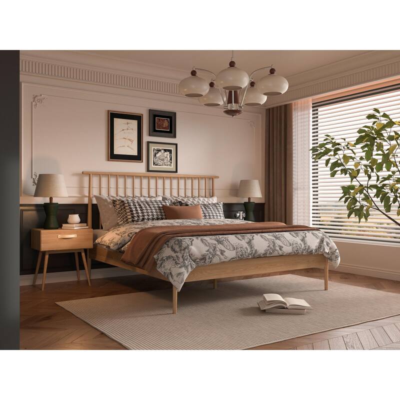 Isabella Mid Century Bedroom Set - Solid American White Oak (Bed + 2 Nightstands) - King Size Bed