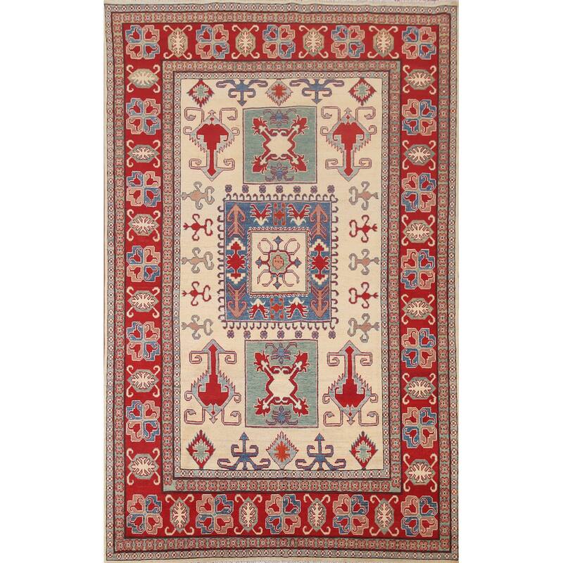 Hand Knotted Oriental 100% Wool Carpet Traditional Geometric Beige & Ivories Kazak Area Rug - 9' 8'' X 6' 6''
