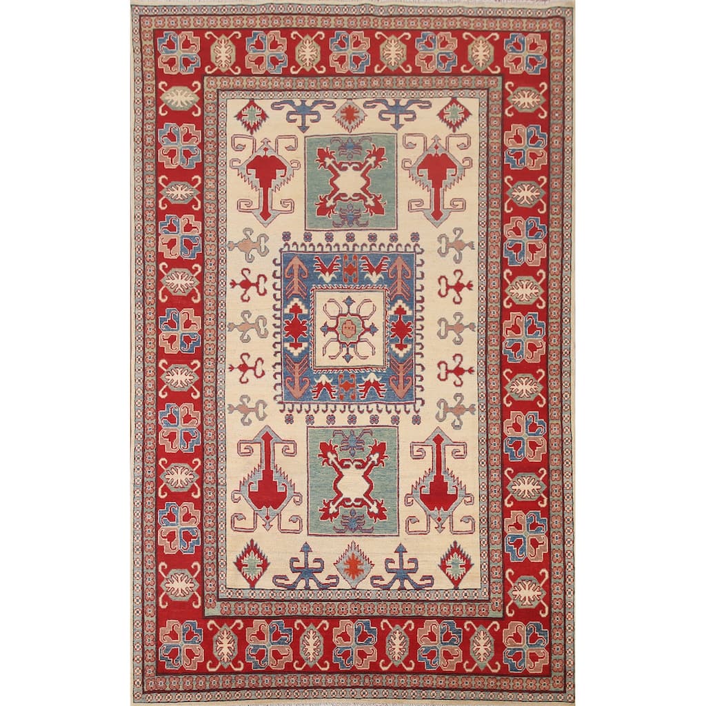 Hand Knotted Oriental 100% Wool Carpet Traditional Geometric Beige & Ivories Kazak Area Rug - 9' 8'' X 6' 6''