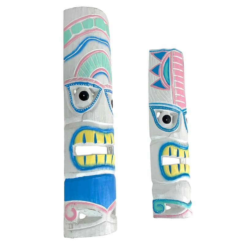 Set Of 2 - 20" Tiki Masks Hand-Carved Wood Wall Decor Indoor/Outdoor