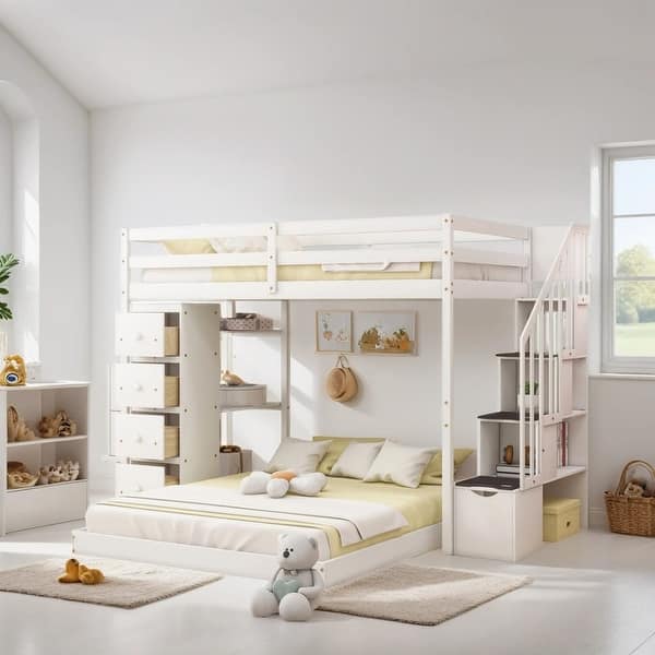 slide 2 of 18, Twin Over Full Size Bunk Bed with Shelves and Storage, White White