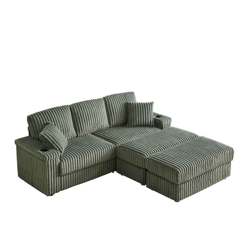 84" Corduroy 3-Seater Sofa with Storage, Ottoman and Cup Holders, Includes 5 Pillows