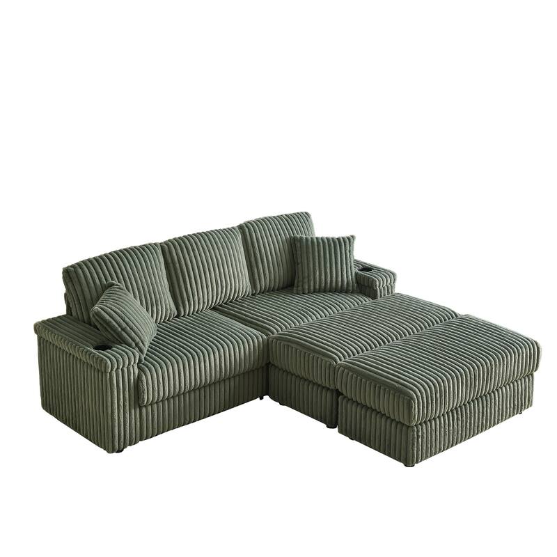 84" Corduroy Deep Seat Sofa Set with 5 Pillows for Livingroom 3-seater Storage Sofa with Ottoman and Cup-holding