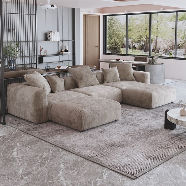141.73" Modular Sectional Sofa, Corduroy U Shaped Sofa Couch with Ottomans