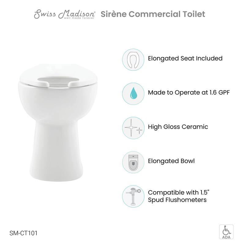 Sirène Floor-Mounted Comfort Height Commercial Elongated Top Flush Spud Flushometer Toilet Bowl
