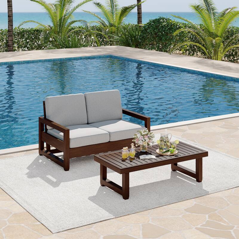 Teak Loveseat Patio Set with Cushions and Table (2-Piece)