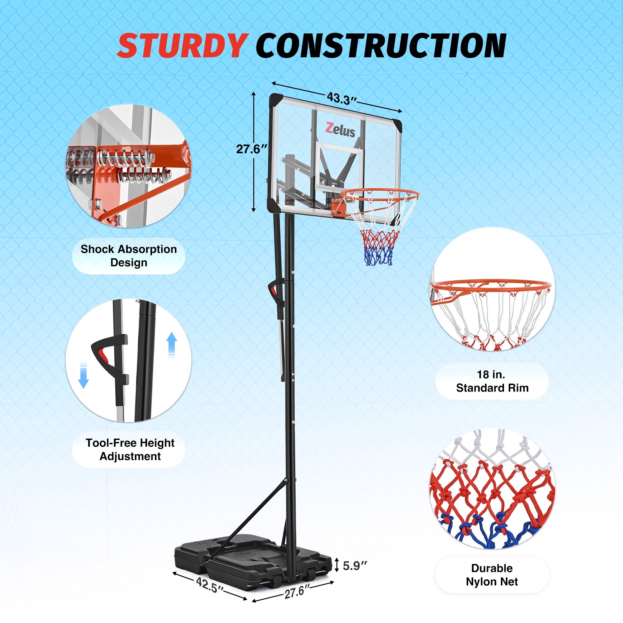 Zelus 5.5-10 ft. Adjustable Heights Portable Outdoor Basketball