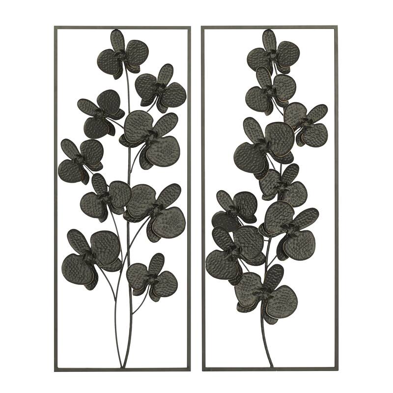Metal Floral Orchid Home Wall Decor with Black Frame - Set of 2 Black - Roche River Decor - Black