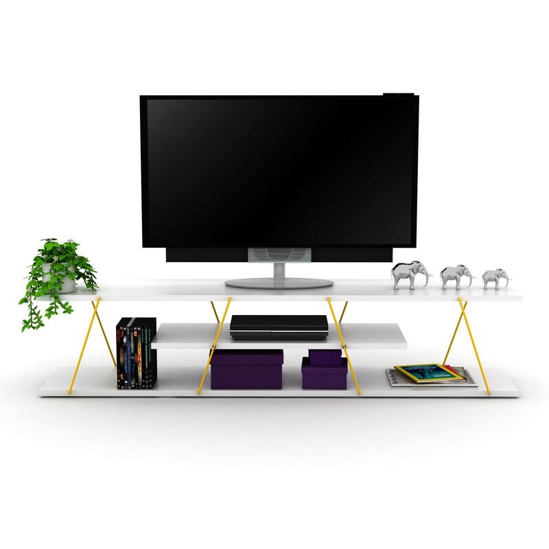FurnisHome Store Tars Mid Century Modern Tv Stand 4 Shelves Open Storage Metal Cords - White