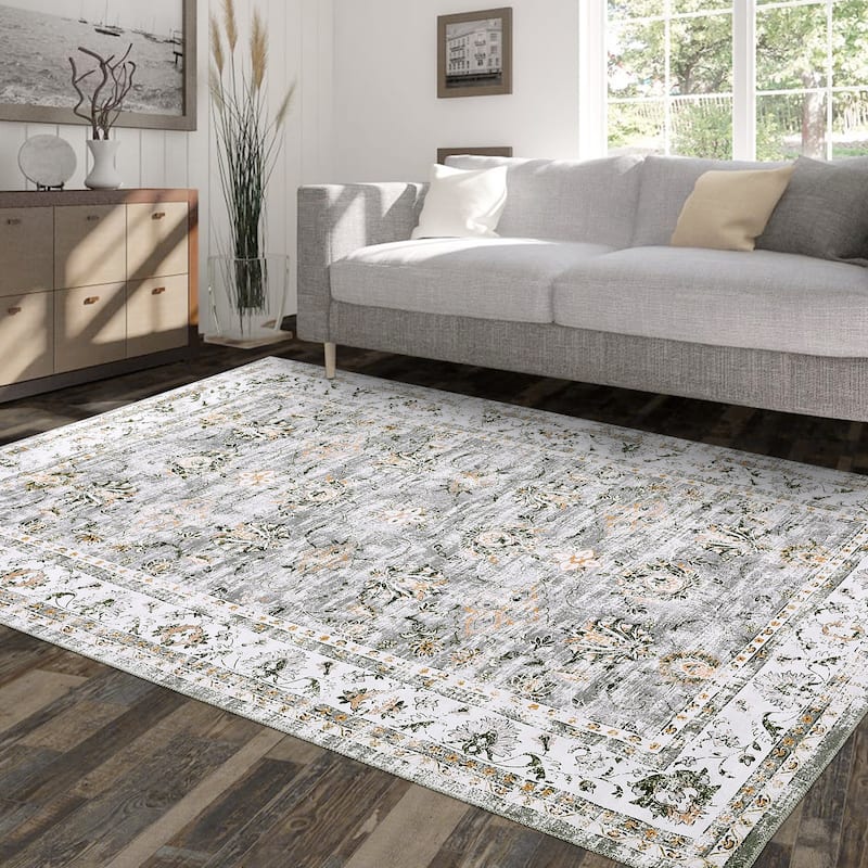 Garvee Boho Rugs Bohemian Rugs Floral Distressed Area Rug - 4' x 6' - Grey