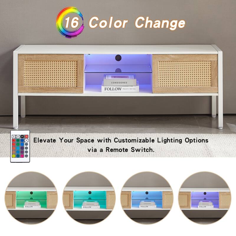 54.33" Rattan TV cabinet with variable color light strip, double sliding doors for storage, adjustable shelf, metal legs