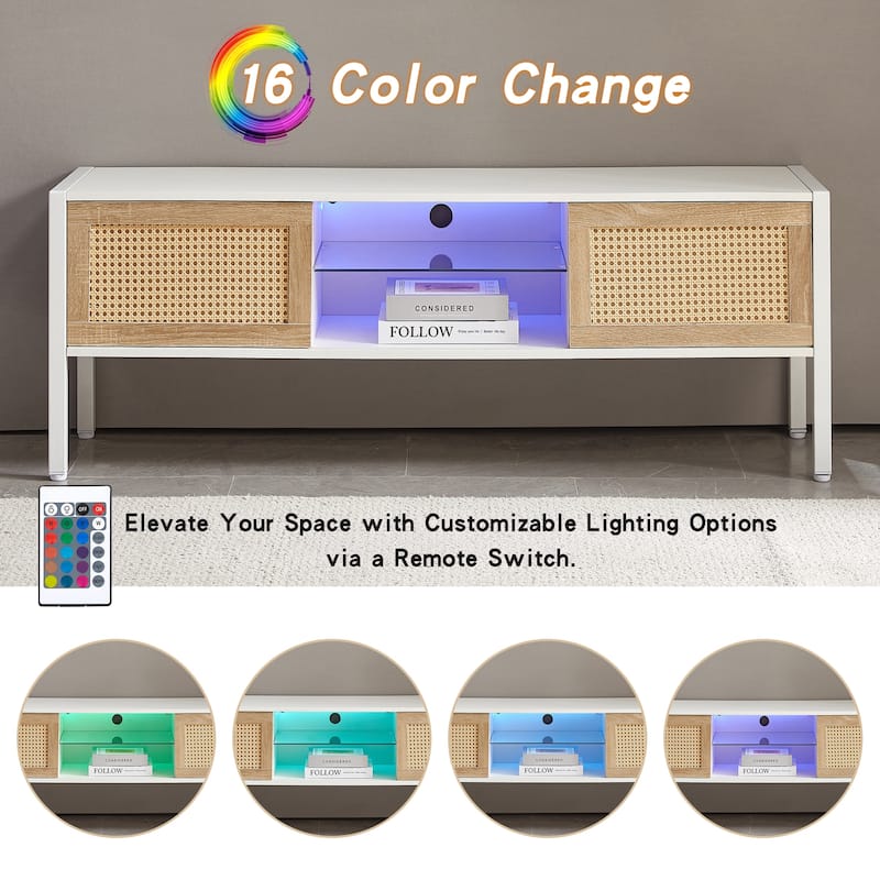 54.33"Rattan TV cabinet with variable color light strip,double sliding doors for storage,adjustable shelf,metal legs,TV console
