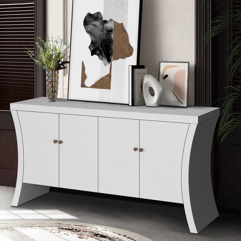 Roomfitters Refined Industrial 4-Door Credenza with Sculptural Wooden Arc Legs & Bronze Clasps, Storage Sideboard