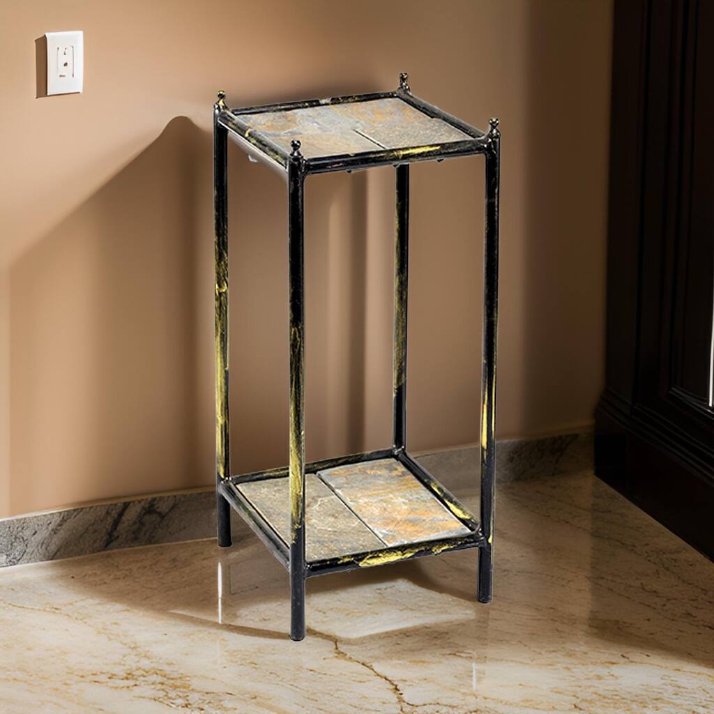 2 Tier Square Stone Top Plant Stand with Metal Frame, Small, Black and Gray
