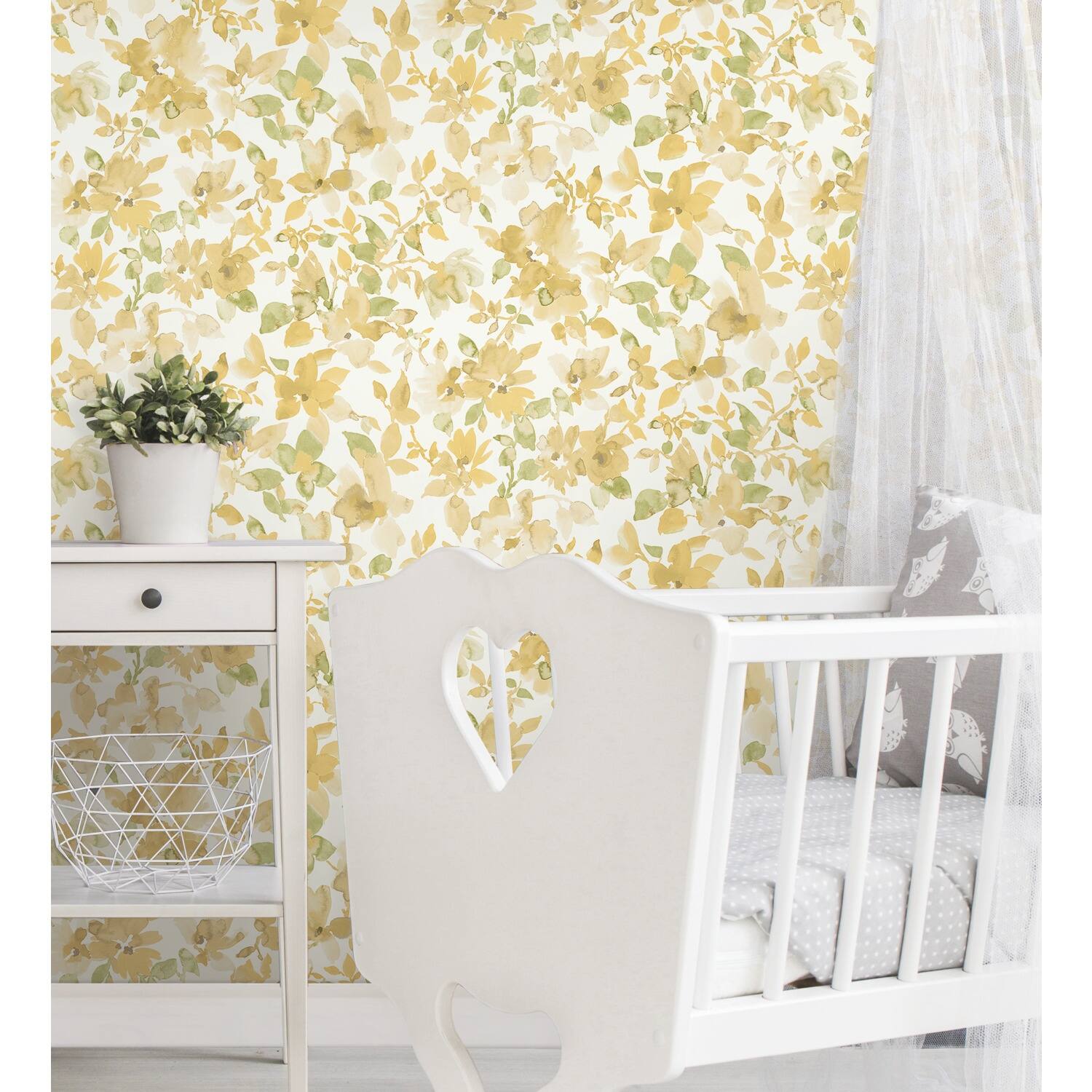 RoomMates Yellow & Green Watercolor Floral Peel and Stick Wallpaper