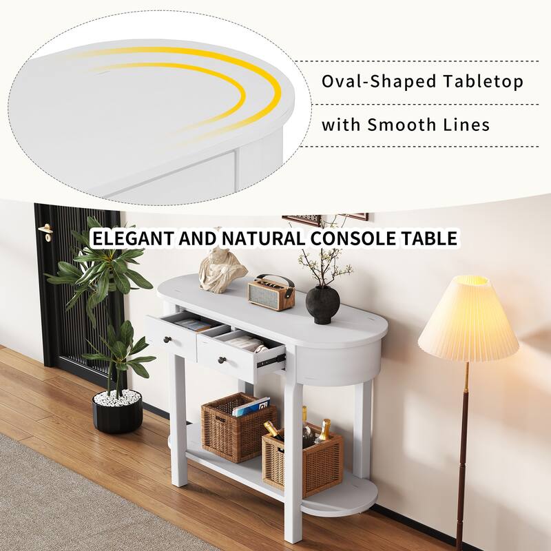 Curved Console Table with 2 Storage Drawers and Metal Handles, Wooden Hallway Tables Entryway Table wOpen Storage Shelf