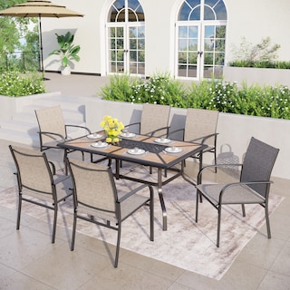 MAISON ARTS Patio Dining Set 7-Piece Metal Wood-look Geometric Rectangle Table and 6 Textilene Chairs