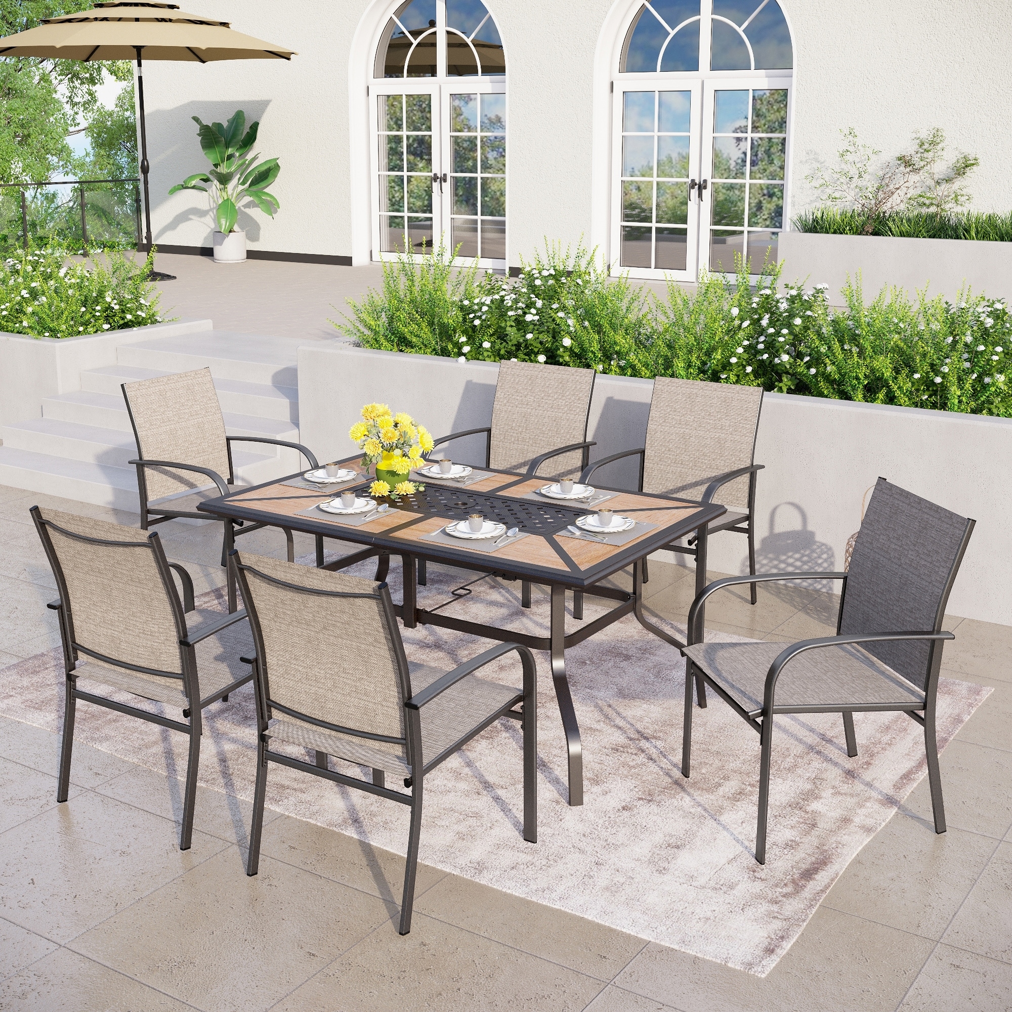 MAISON ARTS Patio Dining Set 7 Pieces Metal Wood-look Geometric Rectangle Table and 6 Textilene Chairs